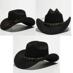 Angolazioni dettagliate di un cappello da cowboy nero in feltro con fascia tessuta
