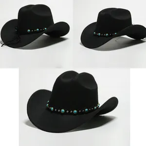 Cappello da cowboy western nero in feltro con fascia in pietra turchese, varie angolazioni.