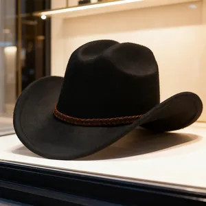 Cappello da cowboy western classico in feltro nero con fascia intrecciata marrone, design unisex.
