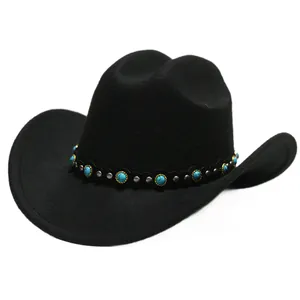 Cappello da cowboy western classico in feltro nero con fascia decorativa turchese e borchie