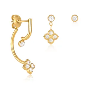 Elegante set di orecchini a quadrifoglio in acciaio al titanio con zirconi oro