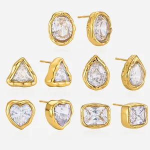 Gold plated stainless steel stud earrings set with multiple cubic zirconia shapes