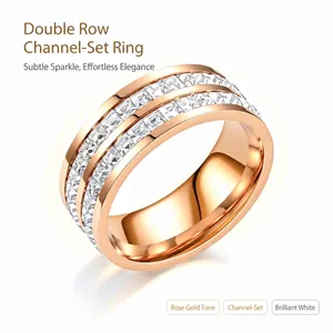 Detailed view of a rose gold stainless steel ring with double-row square-cut stones