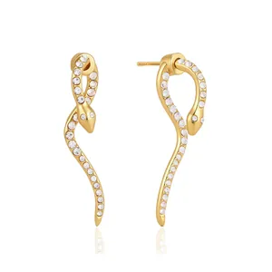 Elegant gold-toned snake stud earrings paved with sparkling rhinestones for women