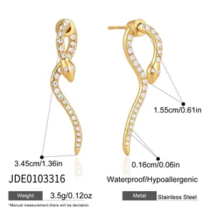 Detailed view of gold snake-shaped stainless steel earrings with rhinestones and size measurements
