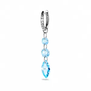 Silver titanium hoop earring with light blue crystal drop tassel and sparkling zircon accents