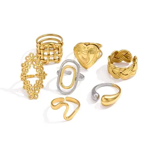 Collection of elegant 18k gold plated stainless steel rings with unique geometric designs