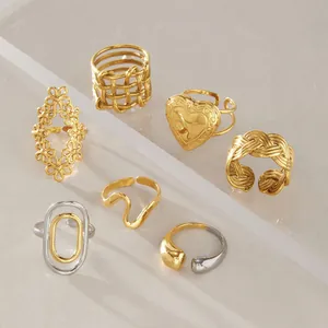 Detailed view of assorted stainless steel gold and silver rings in minimalist styles.