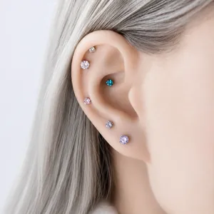Exquisite mini 4-prong zircon titanium steel cartilage and helix stud earrings set