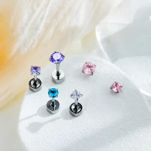 Small titanium steel cartilage studs featuring colorful four-prong mini cubic zirconia.