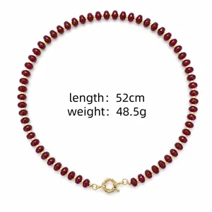 Close-up detail of a 52cm natural red stone beaded necklace weighing 48.5g for women