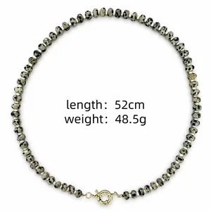Detailed view of natural Dalmatian jasper stone beaded necklace, length 52cm, weight 48.5g