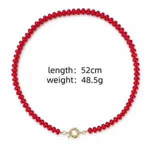Red natural stone beaded necklace detail clearly showing length 52cm and weight 48.5g