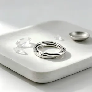 Macro view of minimalist interlocking double band stainless steel rings on a white tray.