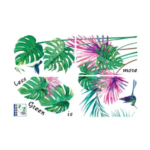 Vinilos decorativos de hojas de monstera tropical con colibríes y texto verde decorativo