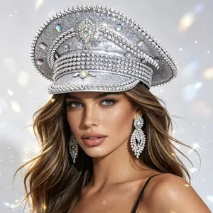 Detailed view of silver sparkling rhinestone military captain hat with punk studs