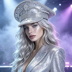 Detailed shot of a sparkly silver rhinestone navy hat for punk Y2K festival fashion