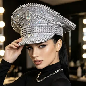 Close-up of a silver punk-style navy hat with rhinestones and spikes