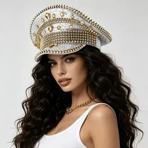 Detail of a sparkling rhinestone and gold studded military captain hat for women