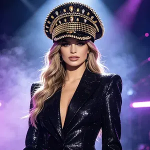 Detailed view of punk style navy hat with amber rhinestones and gold chains
