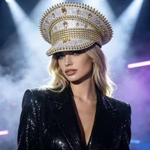 Detailed close-up view of sparkly diamond navy hat with punk studs and gold chains