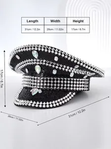 Macro detail of punk style rhinestone military hat showing precise dimensions of 31x28x17cm