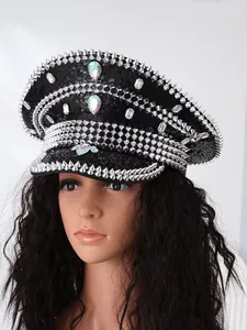 Close-up of punk style captain hat with silver spikes and iridescent rhinestones
