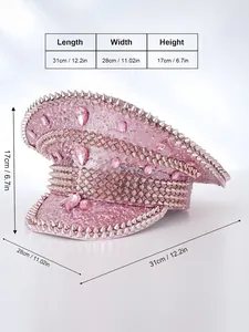 Detailed dimensions of pink sequined punk captain hat with rhinestones and spikes