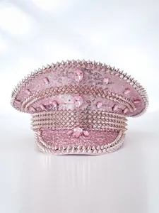 Pink rhinestone captain hat with silver spikes and sequins, Y2K punk style party accessory