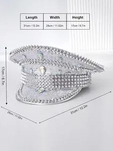 Detailed dimension chart of silver punk captain hat with rhinestones and spikes