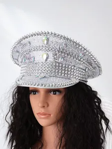 Silver punk captain hat with rhinestones and spikes for festival and stage wear.