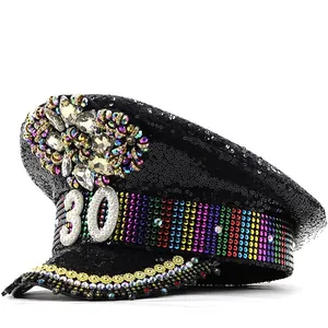 Detailed view of punk style captain hat with colorful rhinestones and 30 pearl patch