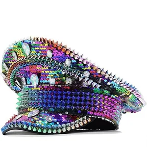 Detailed view of rainbow sequins and metallic studs on this punk style military hat