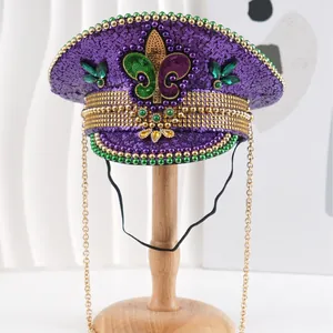 Purple sequined captain hat with rhinestone Fleur-de-lis and gold chain on stand