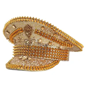 Glamorous gold captain hat with shimmering sequins and punk spikes for festival rave parties