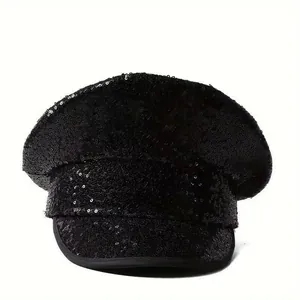 Elegant black sequin captain navy hat with sparkling finish for women in punk Y2K style