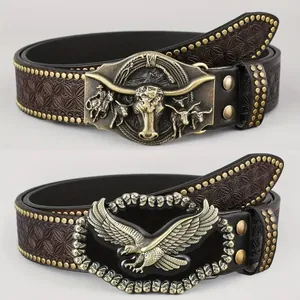 Cintura da Uomo Western Cowboy Punk in Pelle PU Goffrata Con Grande Fibbia in Lega Borchie Decorative Stile Etnico Cintura Retrò