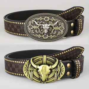 Cintura in pelle western cowboy con motivi a rilievo e fibbie a testa di toro