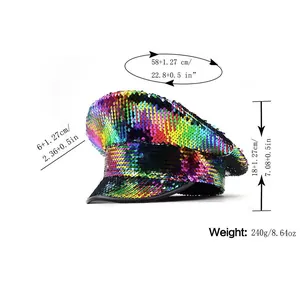 Detailed view of a colorful sequin captain hat with precise size and weight measurements.