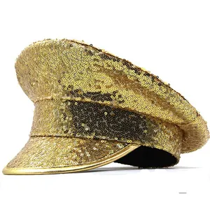 Close-up view of a luxury gold sequined military style hat with reflective sequins