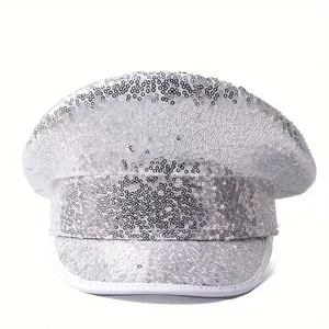 Silver sequined navy captain hat with reflective laser finish for parties and events