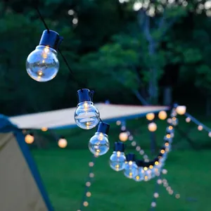 Close-up of G50 LED globe string lights for warm outdoor camping tent decoration