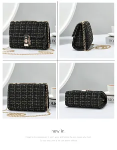 Detailed multi-angle views of a black tweed chain crossbody bag with gold hardware