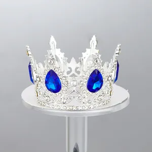Elegante corona de plata con diamantes de imitación azules para decoración de tartas