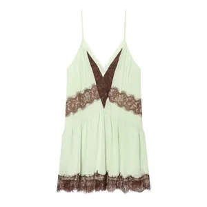 Women Sexy Lace Stitching Camisole Mini Dress Mint Green Brown V-Neck Backless Lolita Style Polyester Patchwork Party Dress