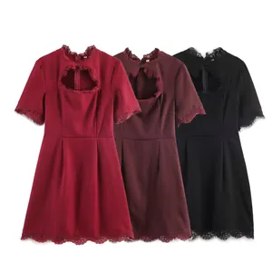 Vestito da Donna A-Line Mini con Patchwork in Pizzo Svuotato Sexy Dolce Manica Corta per Festa Notte Bodycon Tinta Unita