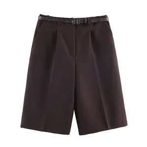 Front view of brown wide-leg high-waisted shorts featuring a snakeskin belt detail