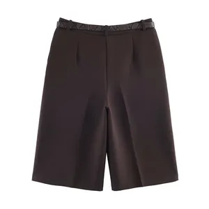 Fashionable dark brown high-waisted wide-leg shorts with a stylish textured belt