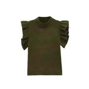 Close-up of olive green sleeveless knit sweater with stylish ruffled shoulder details