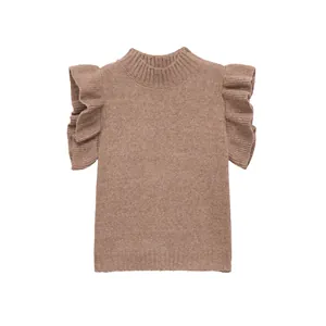 Detail shot of elegant brown knitted vest top featuring tiered flutter ruffle sleeves